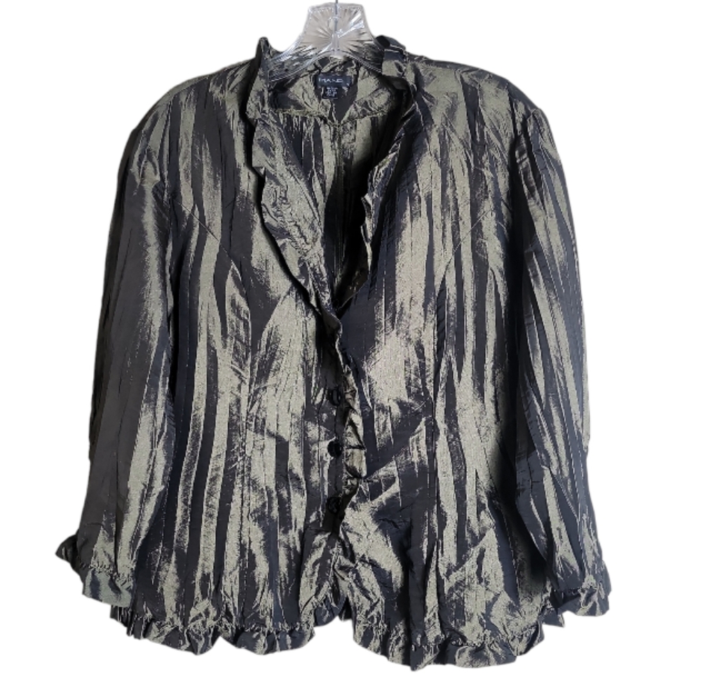 Vintage Piano olive green crinkle ruffle button closure top size small